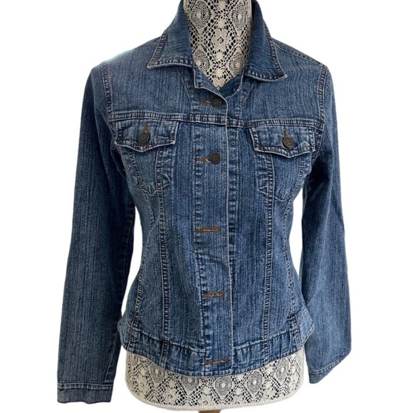 American Over Size Small Denim Jacket Collared Long Sleeve Blue Casual Layer - Picture 2 of 12